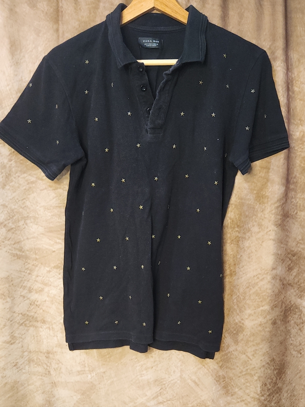 Zara Man Black Polo Shirt with Metal Star Studs – Men’s Slim Fit Size S